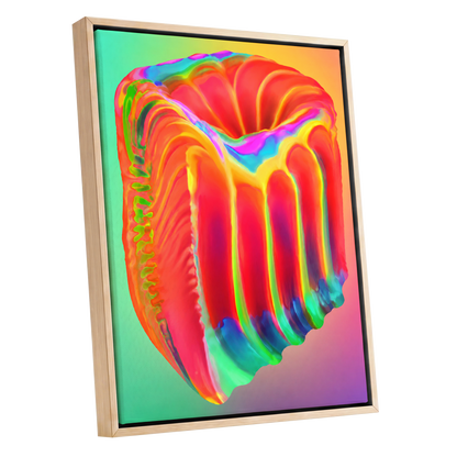 Molten Spectrum, red, orange, yellow abstract wall art shown as a oak framed canvas wall art