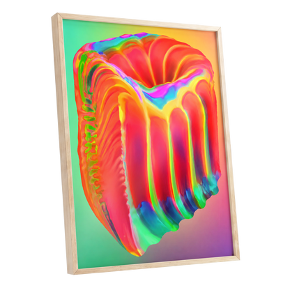Molten Spectrum, red, orange, yellow abstract wall art shown as a oak framed poster wall art print