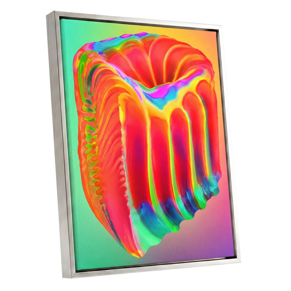 Molten Spectrum, red, orange, yellow abstract wall art shown as a silver framed canvas wall art
