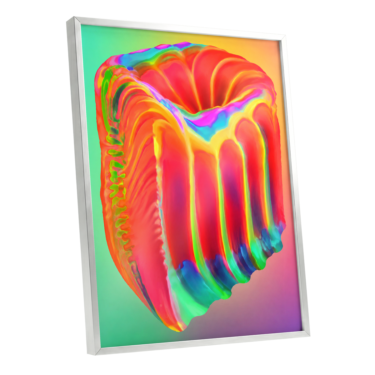 Molten Spectrum, red, orange, yellow abstract wall art shown as a silver framed poster wall art print