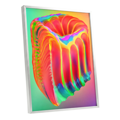 Molten Spectrum, red, orange, yellow abstract wall art shown as a silver framed poster wall art print