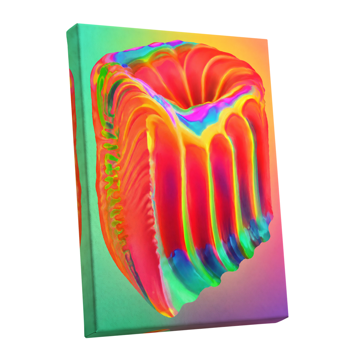 Molten Spectrum, red, orange, yellow abstract wall art shown as a stretched canvas wall art