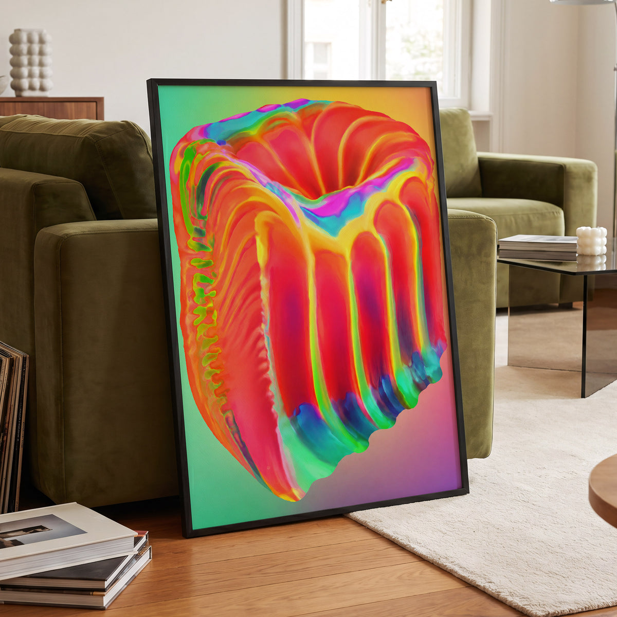 Molten Spectrum, red, orange, yellow abstract wall art displayed in a styled interior, gallery view 2