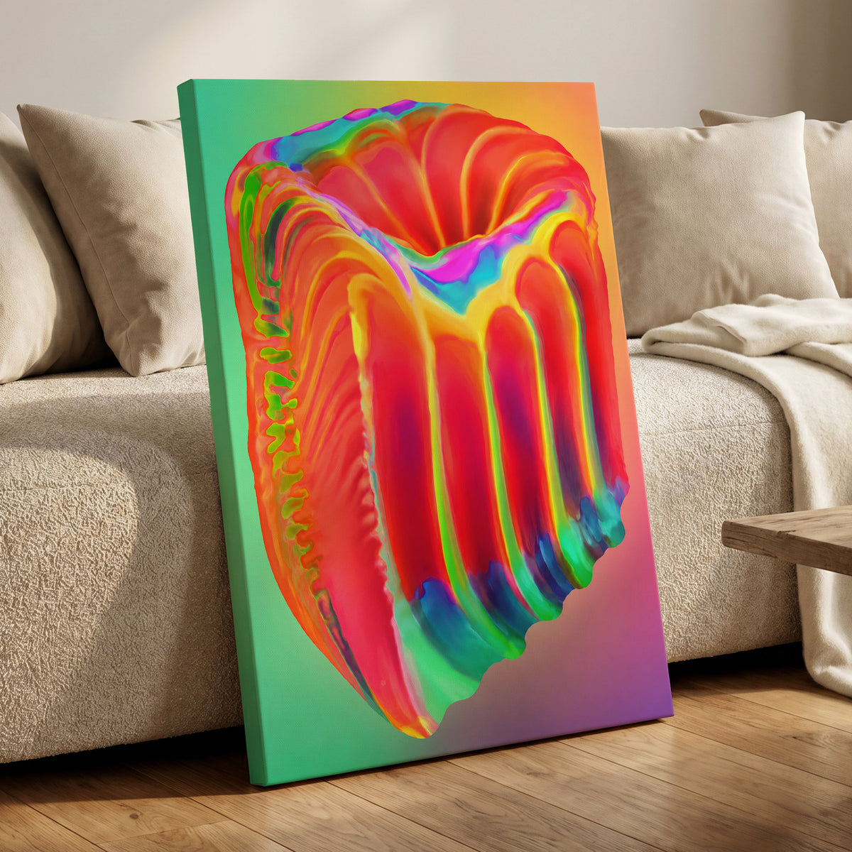 Molten Spectrum, red, orange, yellow abstract wall art displayed in a styled interior, gallery view 3