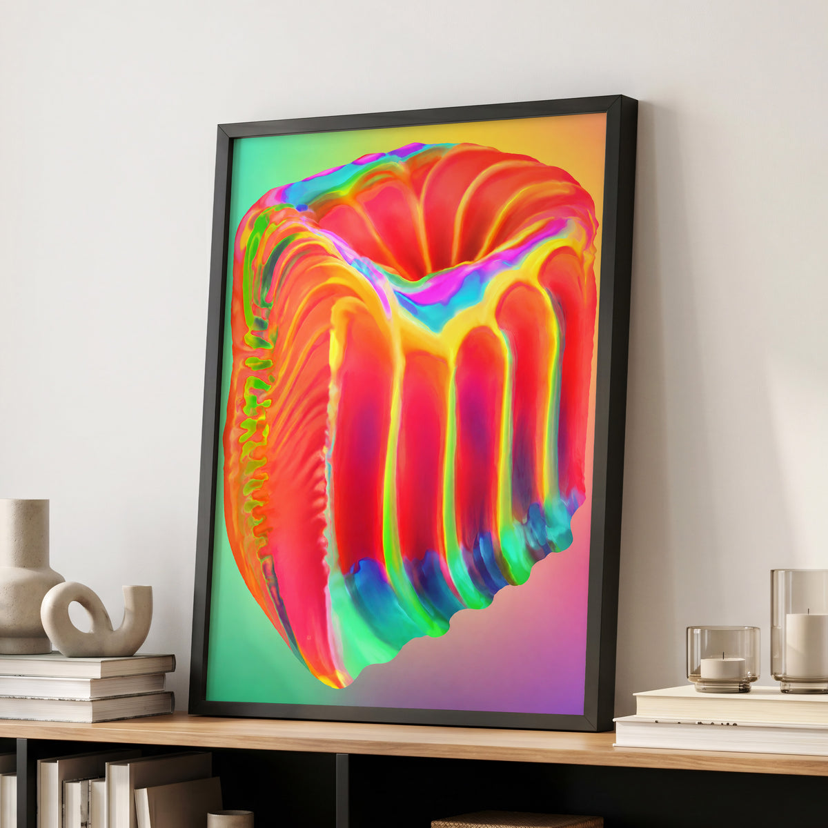 Molten Spectrum, red, orange, yellow abstract wall art displayed in a styled interior, gallery view 6