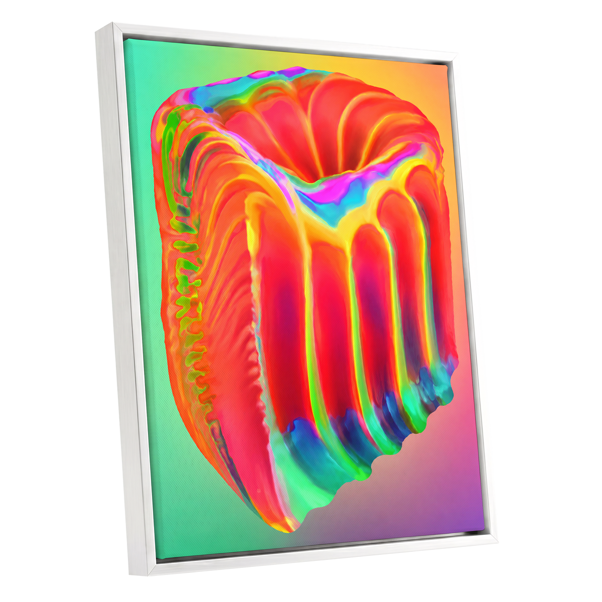 Molten Spectrum, red, orange, yellow abstract wall art shown as a white framed canvas wall art