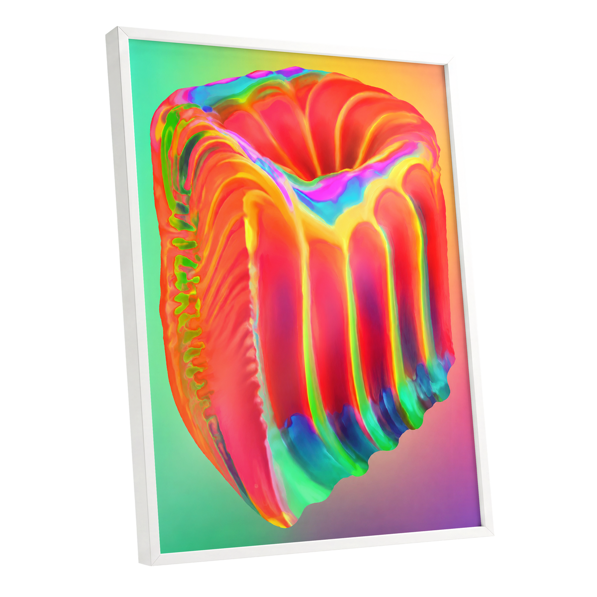 Molten Spectrum, red, orange, yellow abstract wall art shown as a white framed poster wall art print