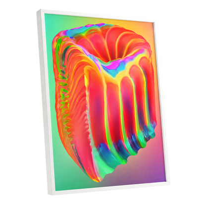 Molten Spectrum, red, orange, yellow abstract wall art shown as a white framed poster wall art print