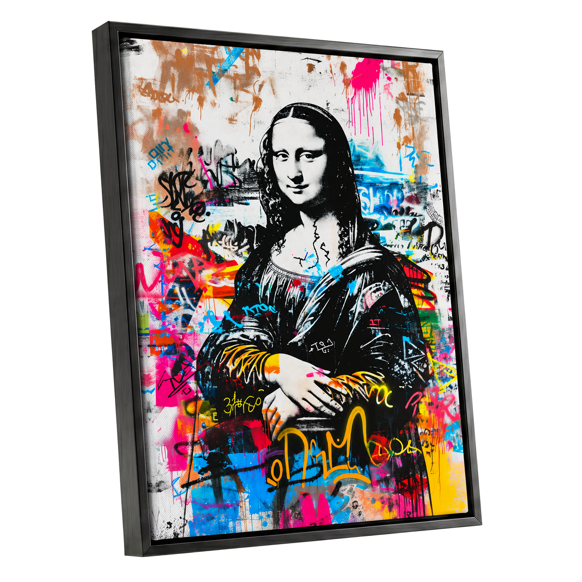 Mona in Neon, multicolor, black, white abstract wall art shown as a black framed canvas wall art