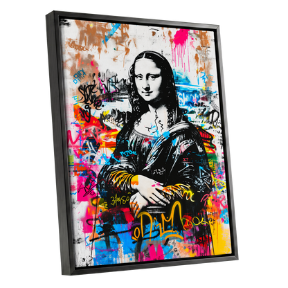 Mona in Neon, multicolor, black, white abstract wall art shown as a black framed canvas wall art
