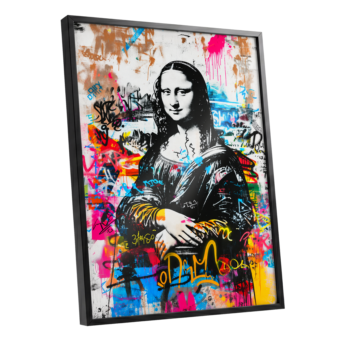 Mona in Neon, multicolor, black, white abstract wall art shown as a black framed poster wall art print