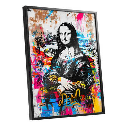 Mona in Neon, multicolor, black, white abstract wall art shown as a black framed poster wall art print