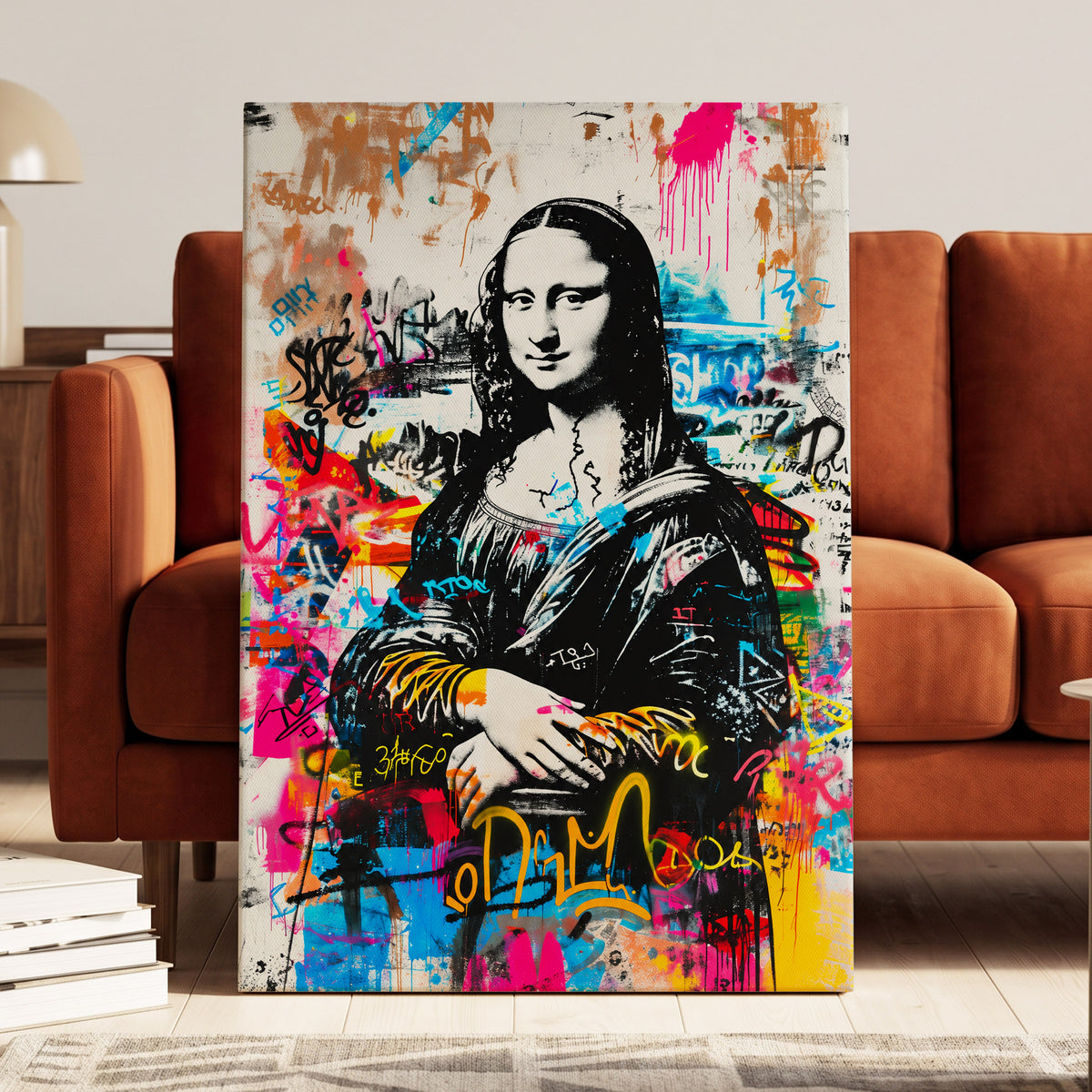 Mona in Neon, multicolor, black, white abstract wall art on canvas displayed in a styled interior, gallery view 1