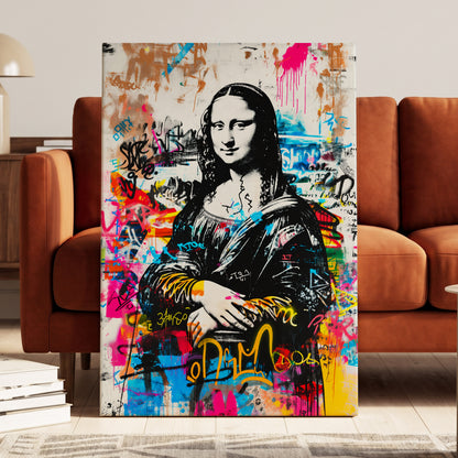 Mona in Neon, multicolor, black, white abstract wall art on canvas displayed in a styled interior, gallery view 1