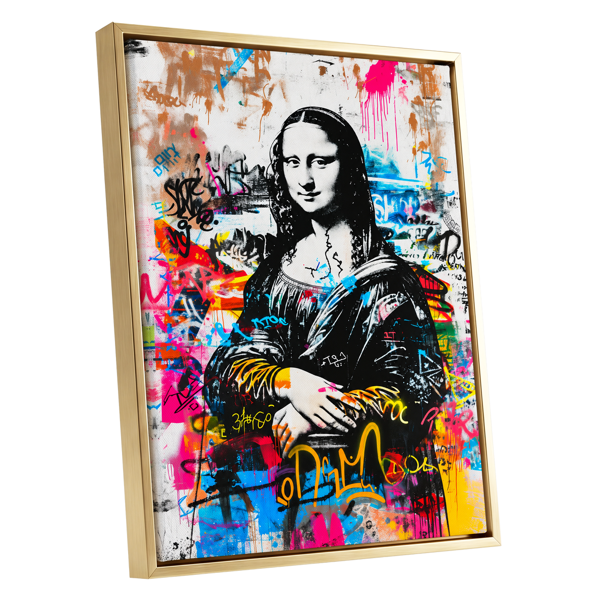 Mona in Neon, multicolor, black, white abstract wall art shown as a gold framed canvas wall art