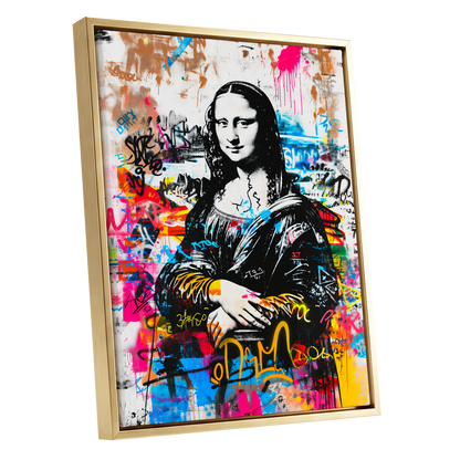 Mona in Neon, multicolor, black, white abstract wall art shown as a gold framed canvas wall art