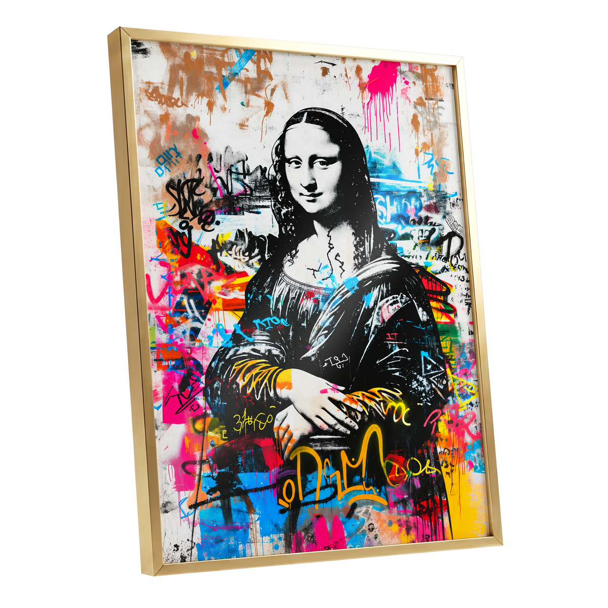 Mona in Neon, multicolor, black, white abstract wall art shown as a gold framed poster wall art print
