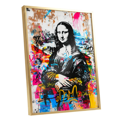 Mona in Neon, multicolor, black, white abstract wall art shown as a gold framed poster wall art print