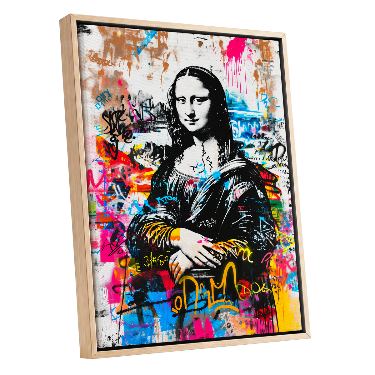 Mona in Neon, multicolor, black, white abstract wall art shown as a oak framed canvas wall art