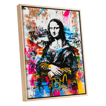 Mona in Neon, multicolor, black, white abstract wall art shown as a oak framed canvas wall art