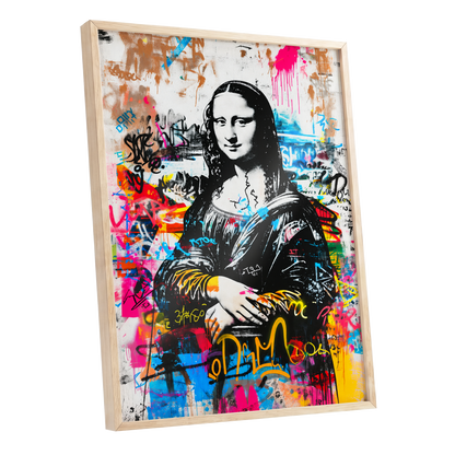 Mona in Neon, multicolor, black, white abstract wall art shown as a oak framed poster wall art print