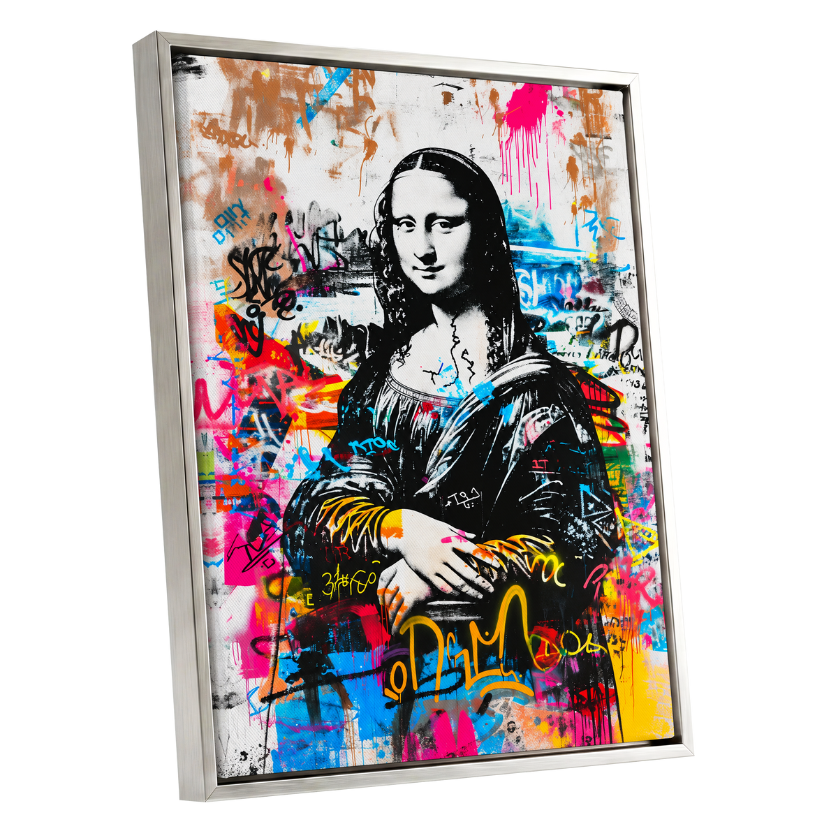 Mona in Neon, multicolor, black, white abstract wall art shown as a silver framed canvas wall art