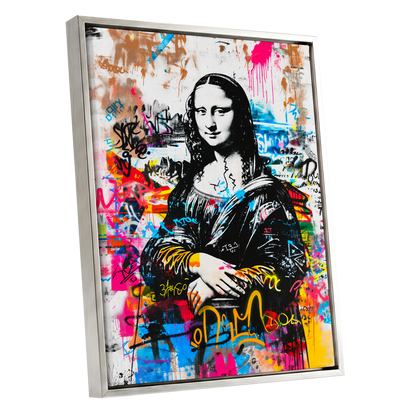 Mona in Neon, multicolor, black, white abstract wall art shown as a silver framed canvas wall art
