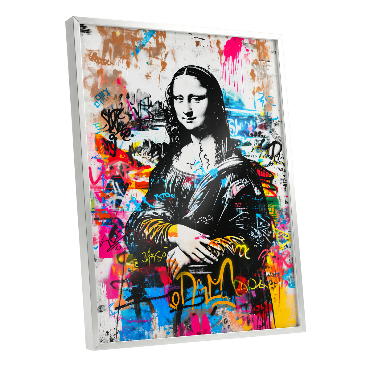 Mona in Neon, multicolor, black, white abstract wall art shown as a silver framed poster wall art print