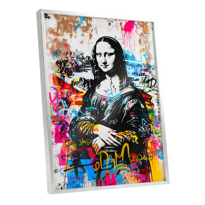 Mona in Neon, multicolor, black, white abstract wall art shown as a silver framed poster wall art print