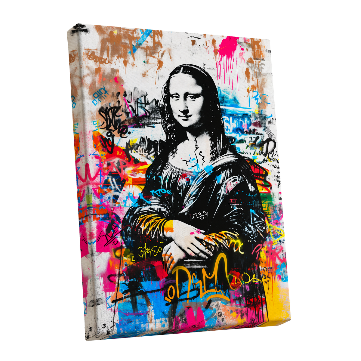 Mona in Neon, multicolor, black, white abstract wall art shown as a stretched canvas wall art