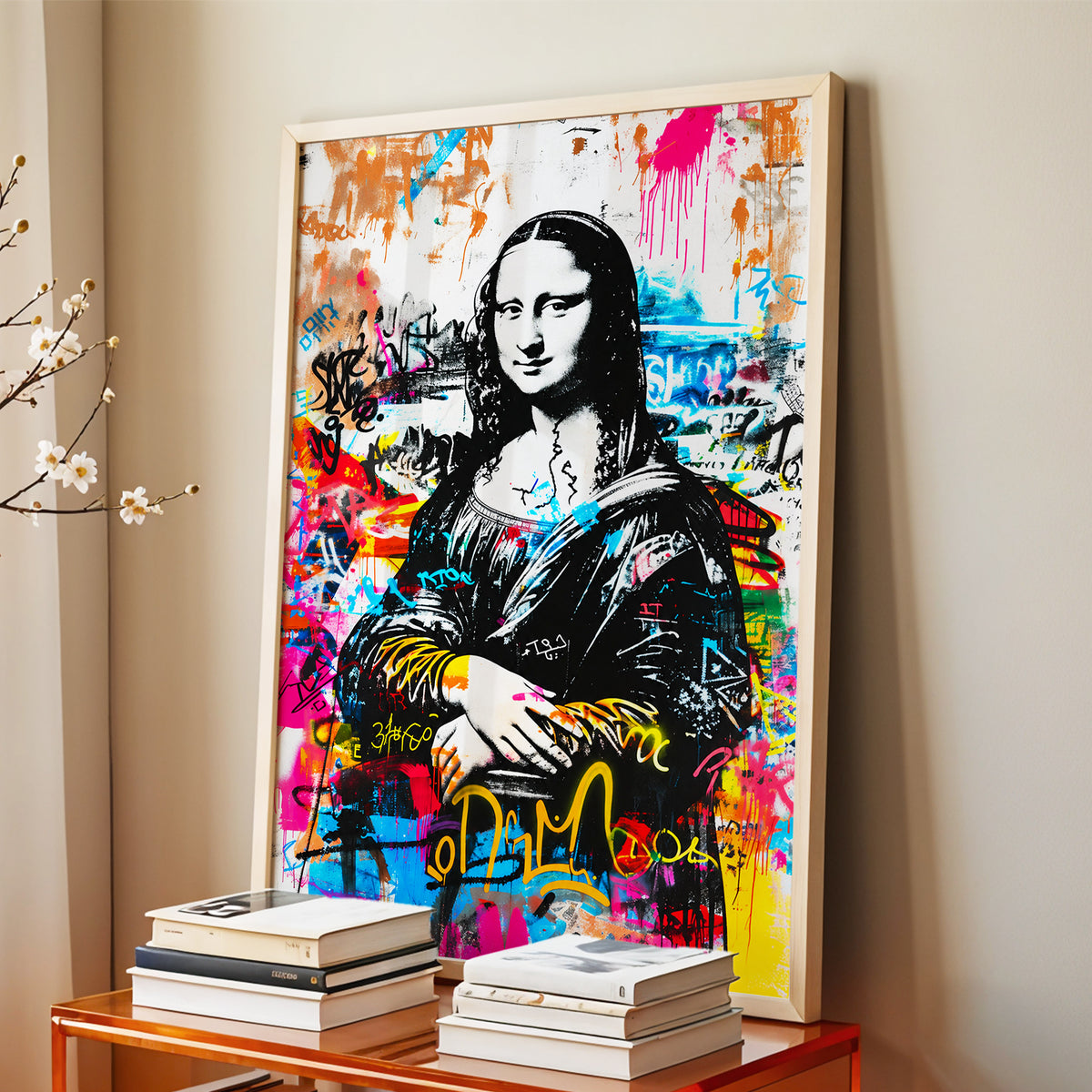 Mona in Neon, multicolor, black, white abstract wall art displayed in a styled interior, gallery view 3