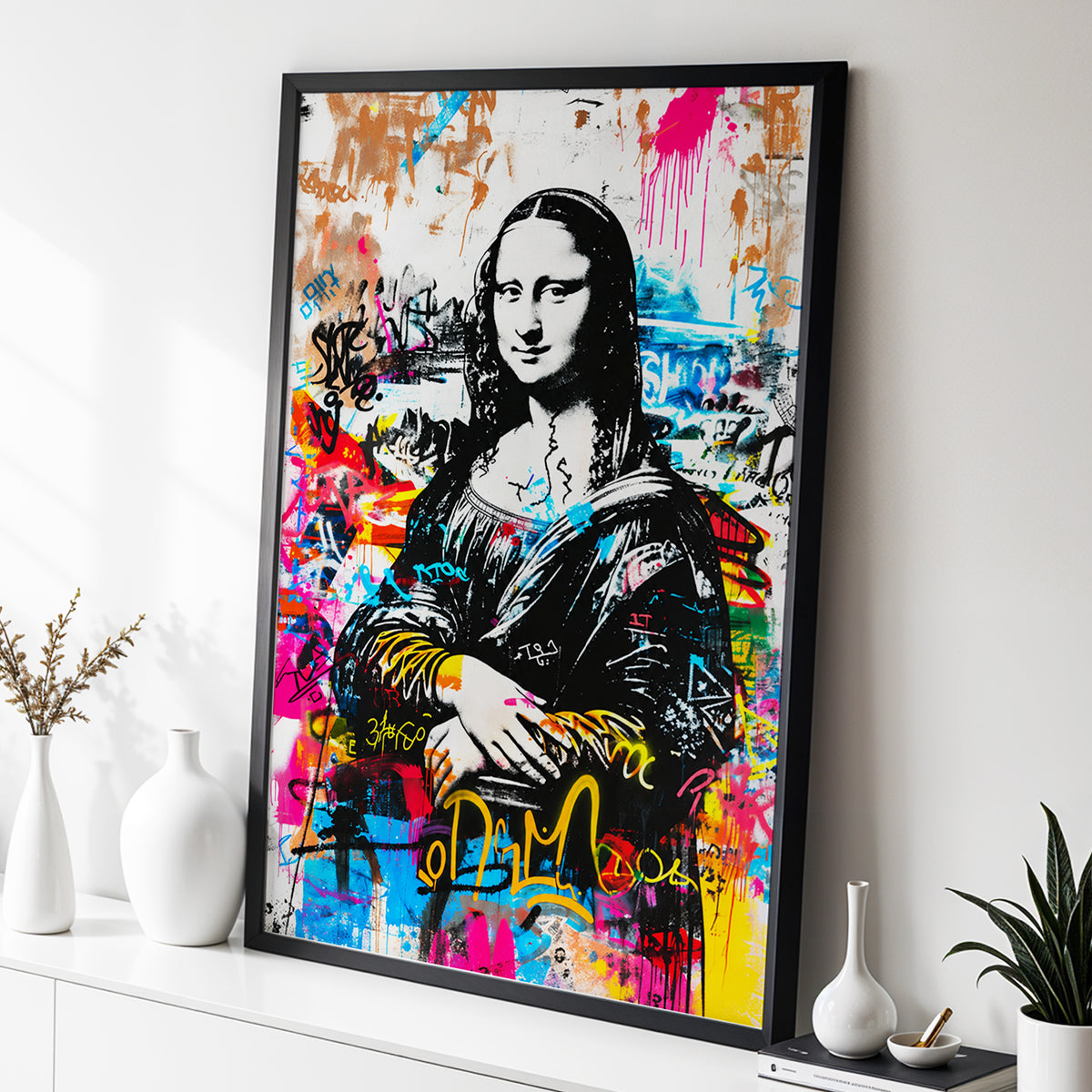 Mona in Neon, multicolor, black, white abstract wall art displayed in a styled interior, gallery view 4