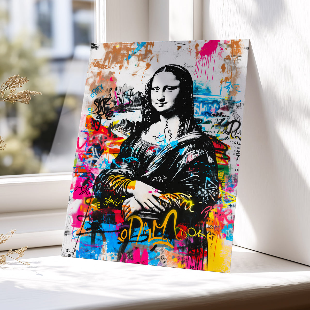 Mona in Neon, multicolor, black, white abstract wall art displayed in a styled interior, gallery view 5