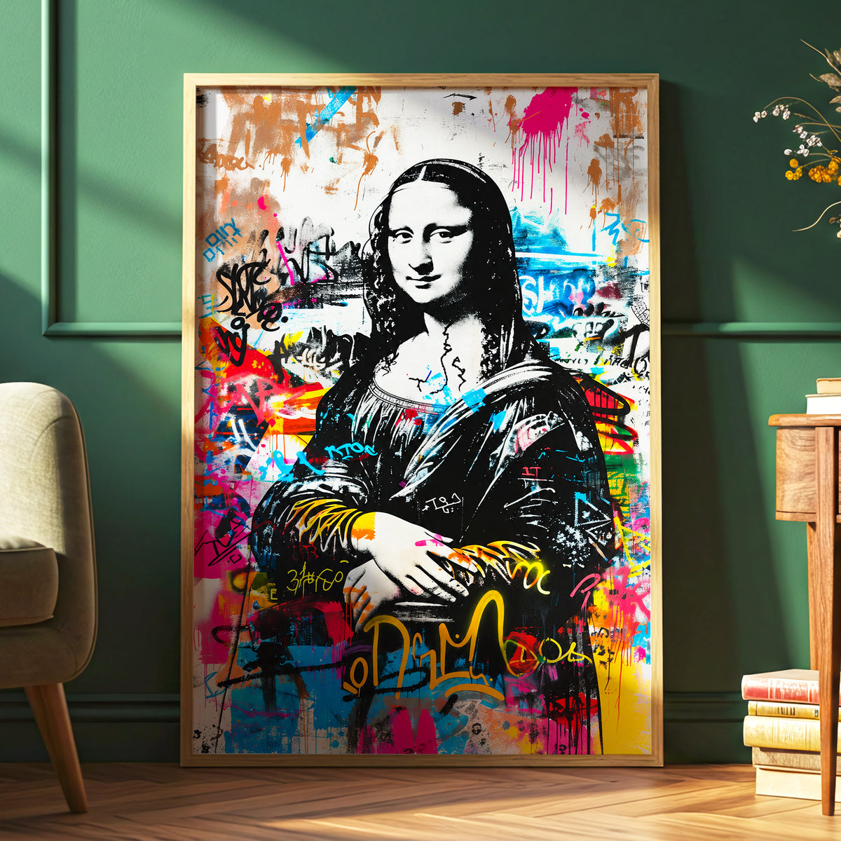 Mona in Neon, multicolor, black, white abstract wall art displayed in a styled interior, gallery view 6