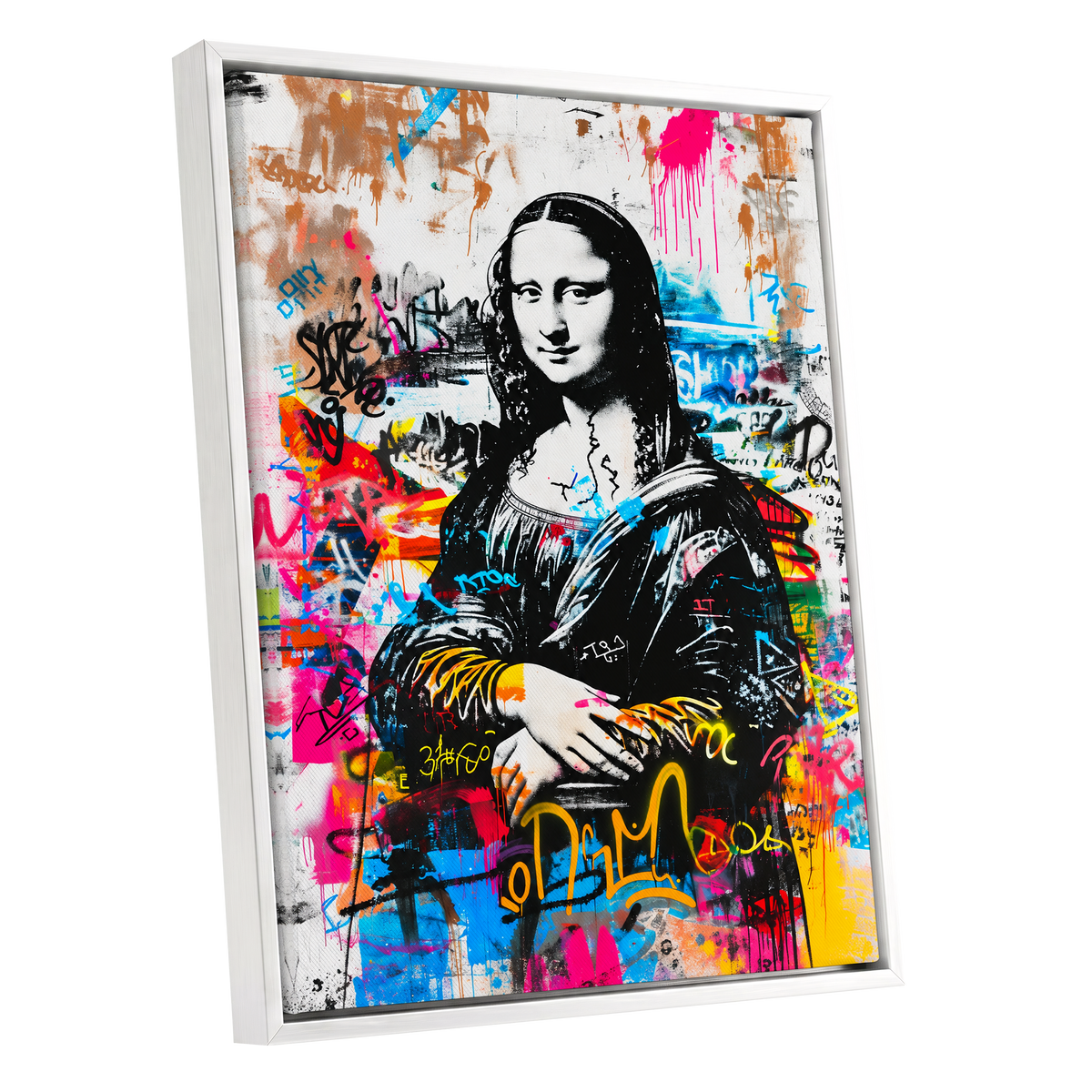 Mona in Neon, multicolor, black, white abstract wall art shown as a white framed canvas wall art