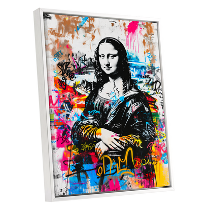 Mona in Neon, multicolor, black, white abstract wall art shown as a white framed canvas wall art