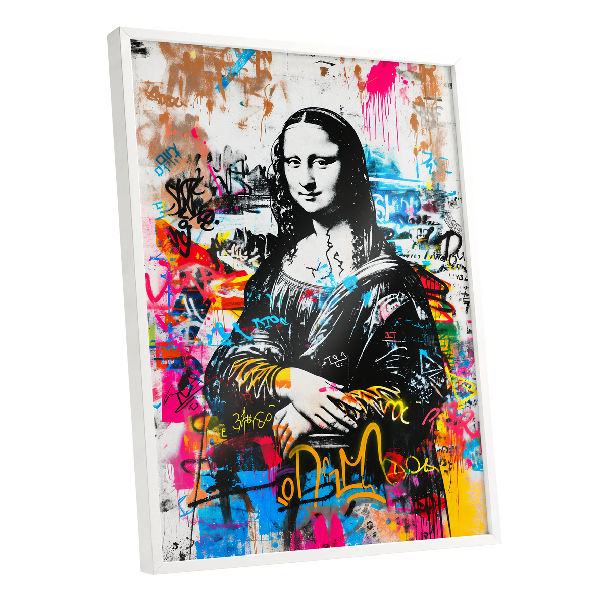 Mona in Neon, multicolor, black, white abstract wall art shown as a white framed poster wall art print