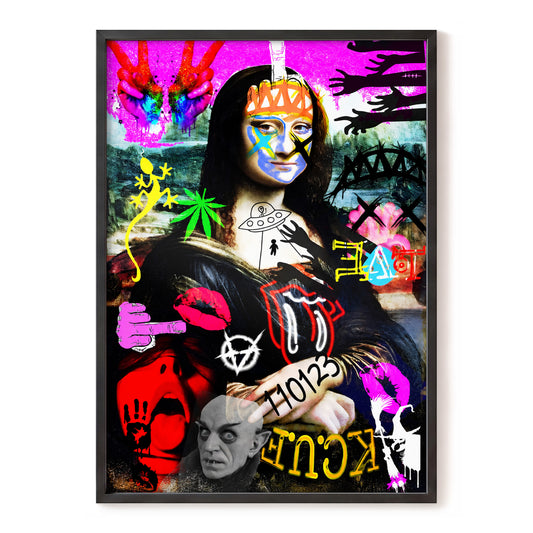 Mona in Revolt, pink, black, blue abstract wall art, front artwork view