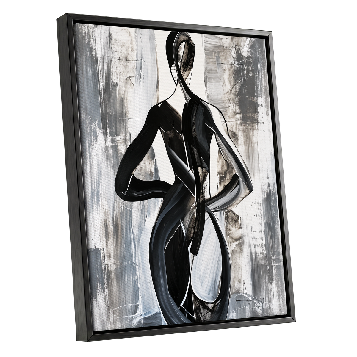 Monochrome Continuum, black, white, gray abstract wall art shown as a black framed canvas wall art