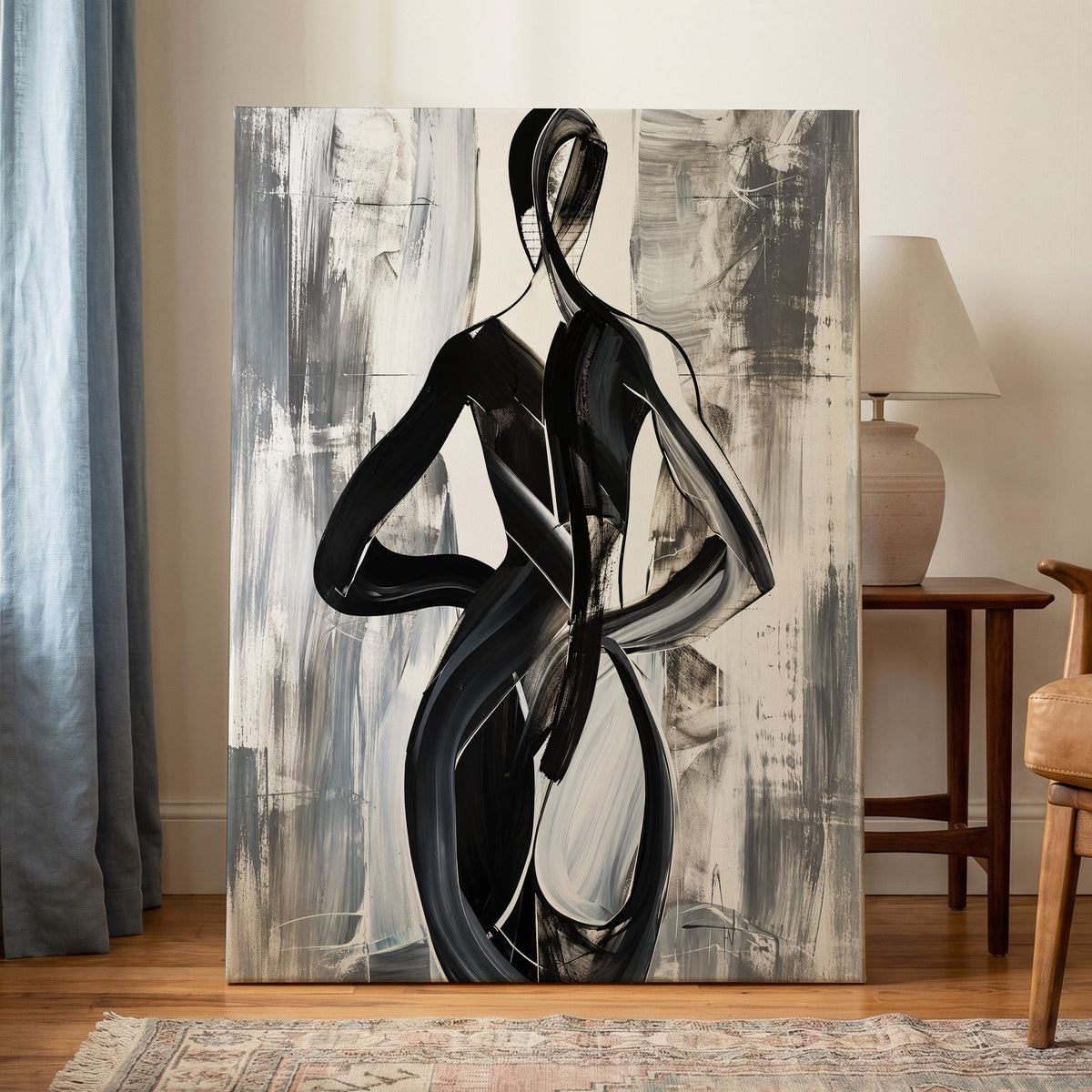 Monochrome Continuum, black, white, gray abstract wall art on canvas displayed in a styled interior, gallery view 1