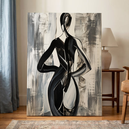 Monochrome Continuum, black, white, gray abstract wall art on canvas displayed in a styled interior, gallery view 1