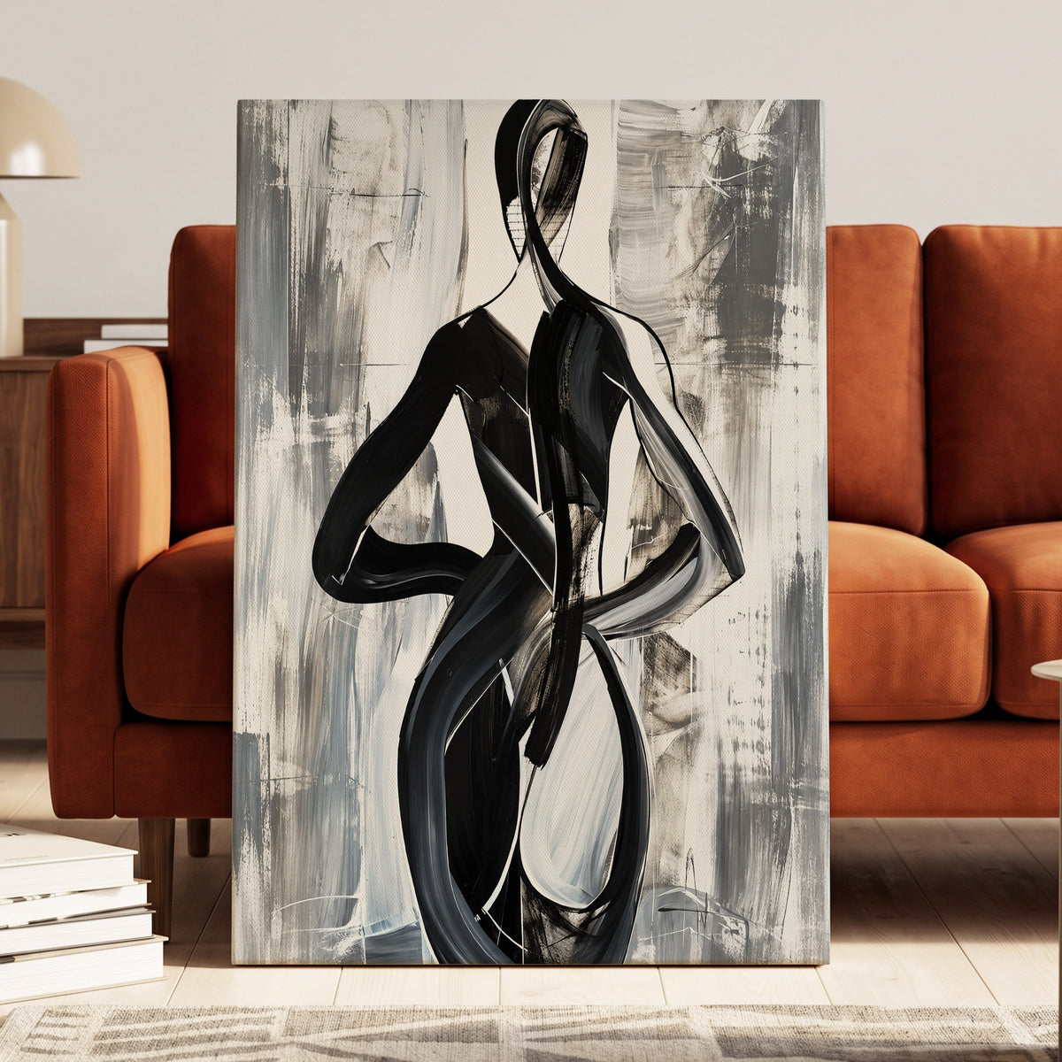 Monochrome Continuum, black, white, gray abstract wall art on canvas displayed in a styled interior, gallery view 2