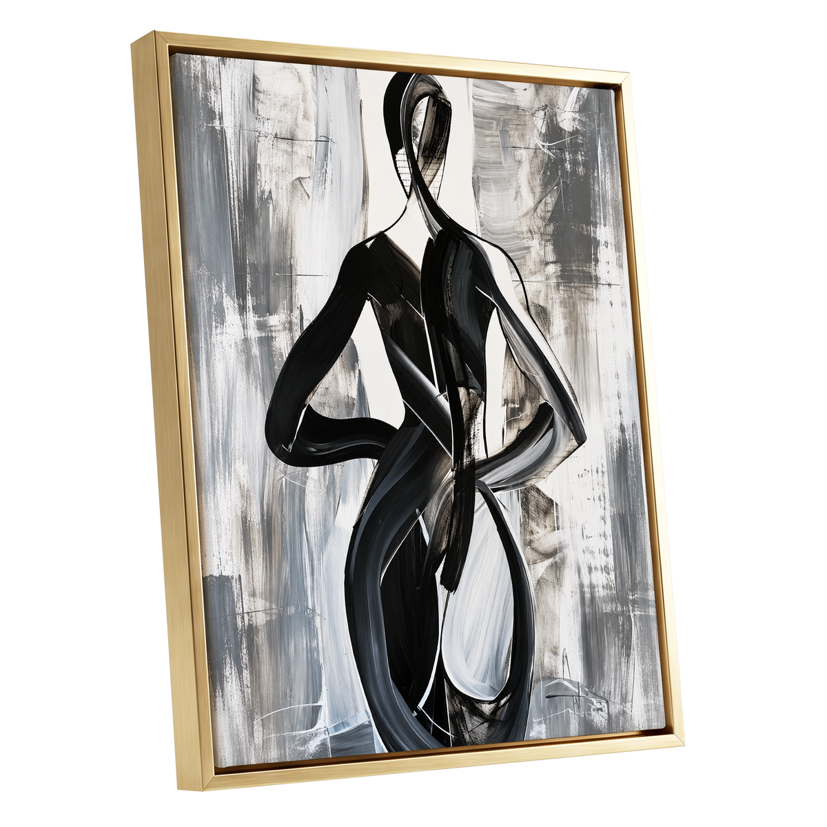Monochrome Continuum, black, white, gray abstract wall art shown as a gold framed canvas wall art