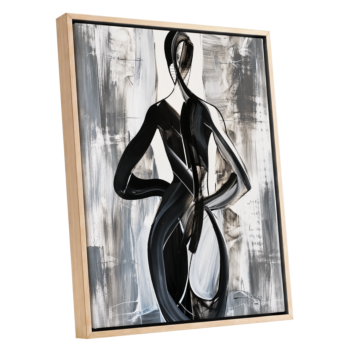Monochrome Continuum, black, white, gray abstract wall art shown as a oak framed canvas wall art