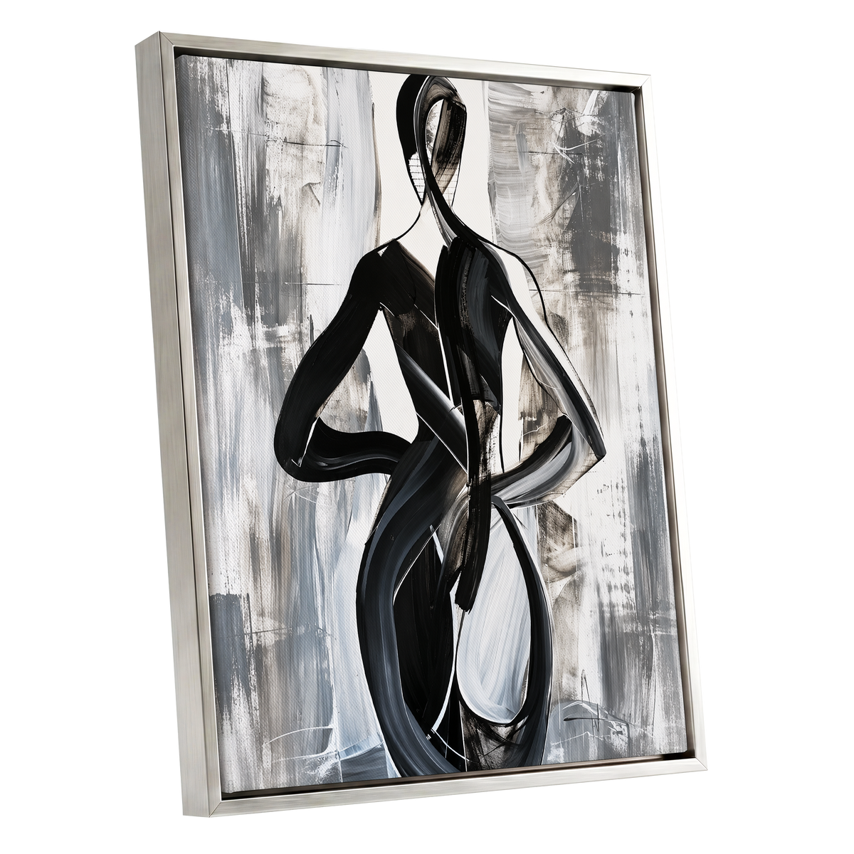 Monochrome Continuum, black, white, gray abstract wall art shown as a silver framed canvas wall art