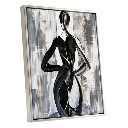 Monochrome Continuum, black, white, gray abstract wall art shown as a silver framed canvas wall art