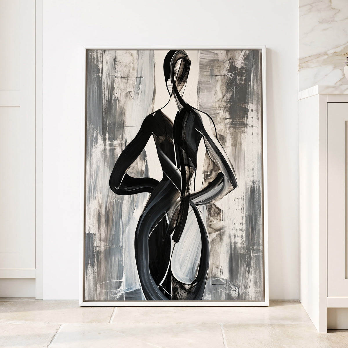 Monochrome Continuum, black, white, gray abstract wall art displayed in a styled interior, gallery view 2