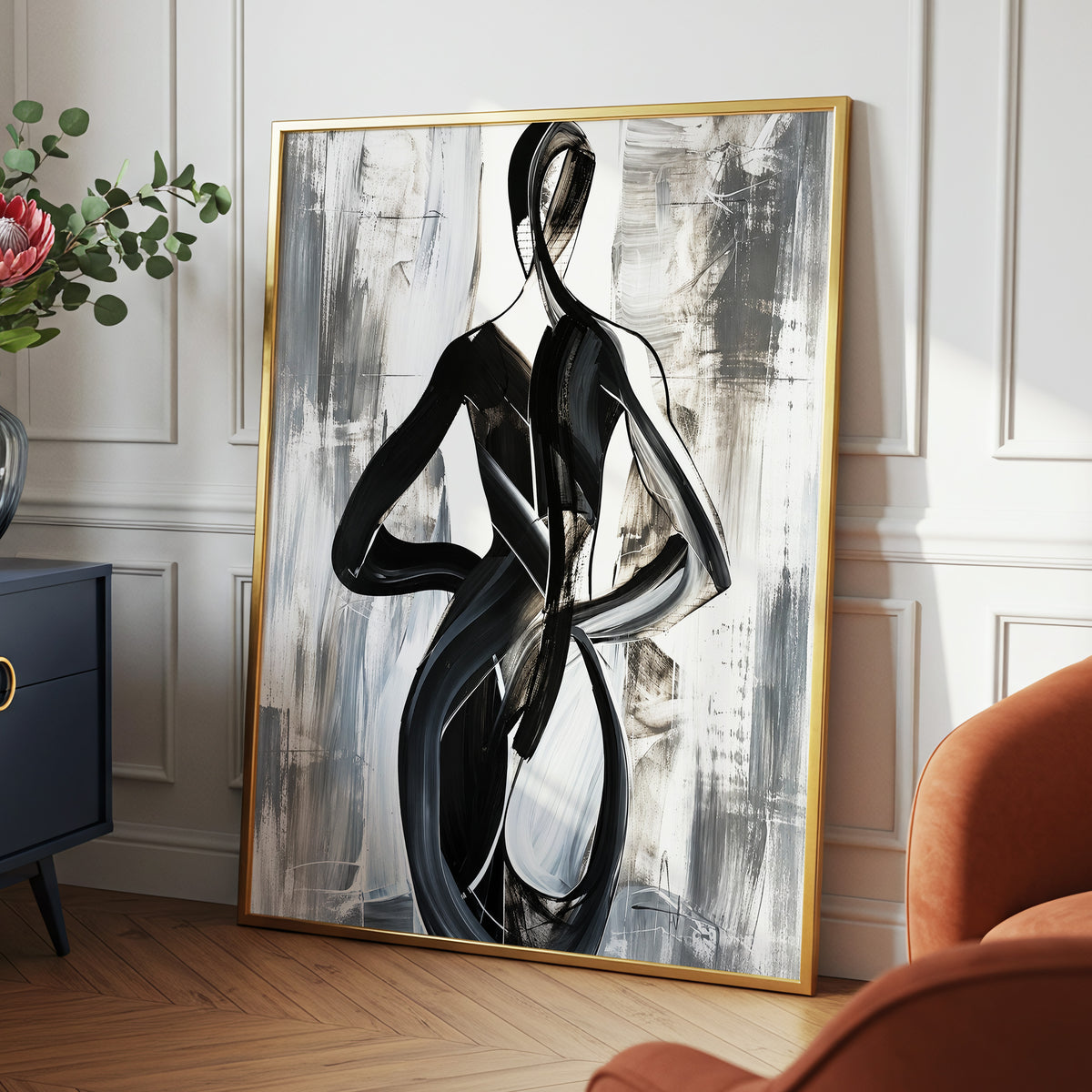 Monochrome Continuum, black, white, gray abstract wall art displayed in a styled interior, gallery view 3