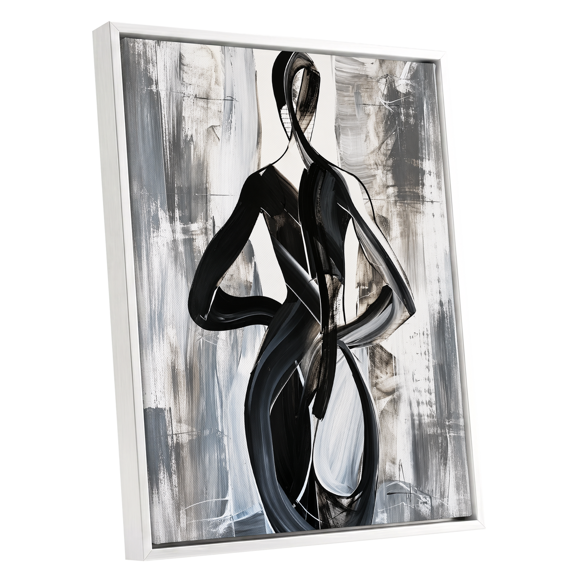 Monochrome Continuum, black, white, gray abstract wall art shown as a white framed canvas wall art