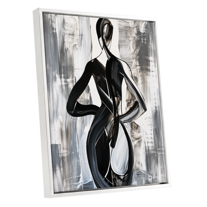 Monochrome Continuum, black, white, gray abstract wall art shown as a white framed canvas wall art